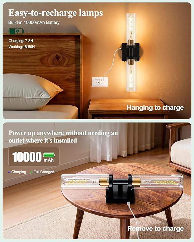 Black and Gold Wireless Battery Operated Wall Sconces Set of 2, Glass Rechargeable Wall Lamps with Remote, Cordless Battery Powered Decor Light Fixture for Bathroom Living room Bedroom Hallway