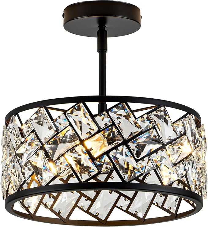 3-Light Crystal Ceiling Light Fixture, Modern Semi Flush Mount Ceiling Light, Black Crystal Chandelier for Kitchen Bedroom Bathroom Entryway Hallway
