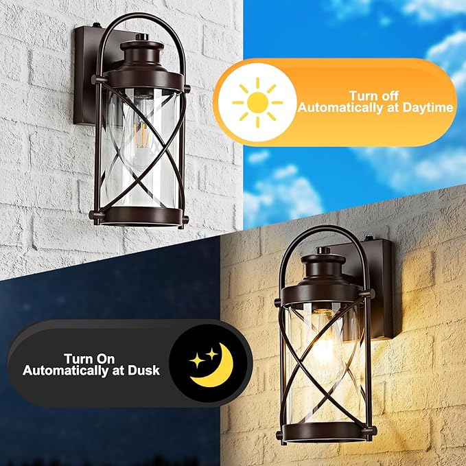 OKELI Dusk to Dawn Outdoor Wall Lights Fixtures, Waterproof Exterior Lighting Fixtures with Photocell Sensor,Vintage Coffee-Bronze Metal Cage Lantern Outside Lights for Porch Patio House Garage