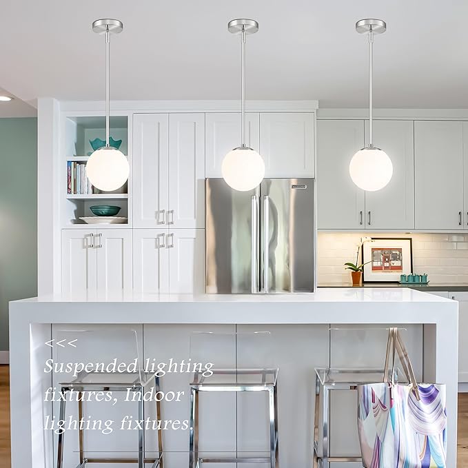 Bagood 6 Inch Globe Pendant Light Nickel Globe Pendant Lights Kitchen Island Mid Century Light Fixture with Milky White Glass Contemporary Adjustable Hanging Lights for Dining Room (Bulb Included)
