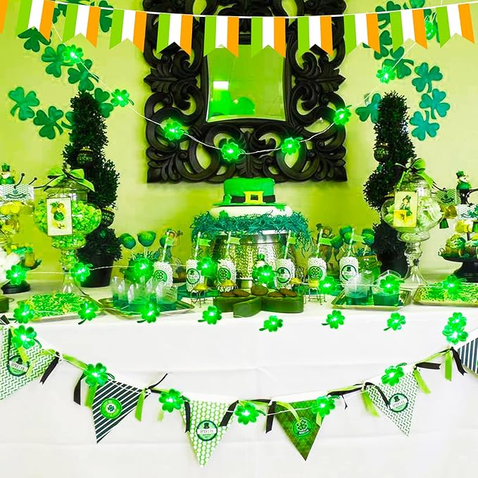 BOHON St Patricks Day Decorations Shamrocks String Lights 13 ft 40 LEDs | Battery Operated Lucky Clover Green Lights for St Patrick's Day Accessories Office the Home Saint St. Patrick's Day Decor