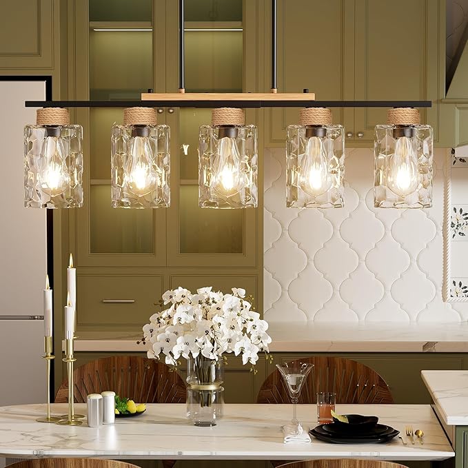 Island Light, Up-Grade Thickened Clear Glass 5-Light Dining Room Light Fixture with Adjustable Height, Farmhouse Linear Chandelier Over Table Kitchen Black Rustic Wood Ceiling Pendant Light Fixtures