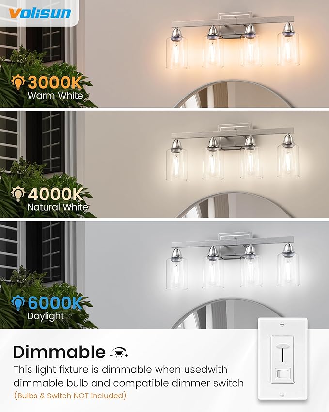 VOLISUN Brushed Nickel Bathroom Light Fixtures, 4-Light Bathroom Vanity Light Over Mirror, Modern Vanity Lights for Bathrooms, Bathrooms Lights Fixtures Over Mirror with Clear Glass Shades