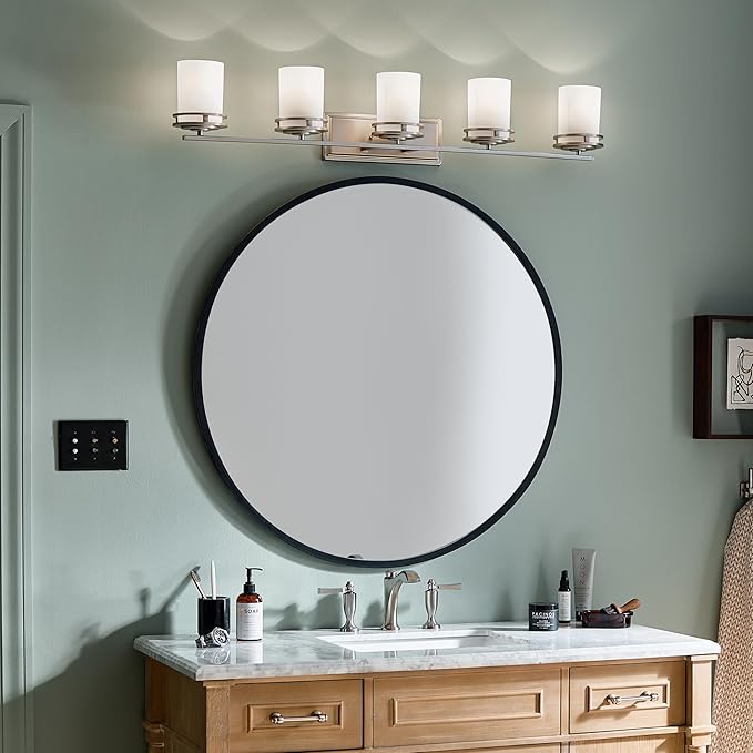 Kichler Hendrik 43" Vanity Light in Brushed Nickel, 5-Light Modern Bathroom Vanity with Satin Etched Cased Opal Glass, (43" W x 7.75" H), 5085NI