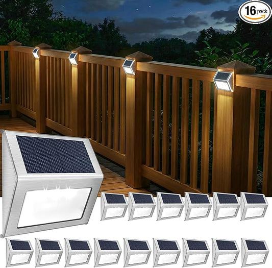 JSOT 16-Pack Solar Deck Lights Outdoor Waterproof, Stainless Steel Cold White LED Fence Lights, Solar Powered Step Lights for Outdoor Stairs, Patio, Railing, Yard, Garden