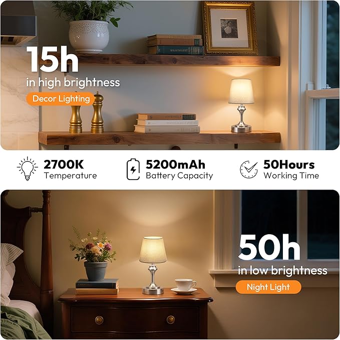 NIORSUN Portables Cordless Table Lamp, 10.2" Battery Operated Lamp, Bedside Table Lamp with Warm White,3 Way Dimmable Touch Desk Lamp for Bedroom Living Room Restaurant Whtie Shade (Silver)