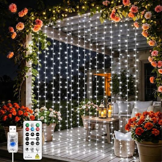 Curtain Light for Bedroom, 200LED 6.6x6.6ft White Window Wall Hanging Fairy Curtain String Light, 8 Modes Remote Fairy String Lights Indoor for Wedding Party Home Garden Decorations