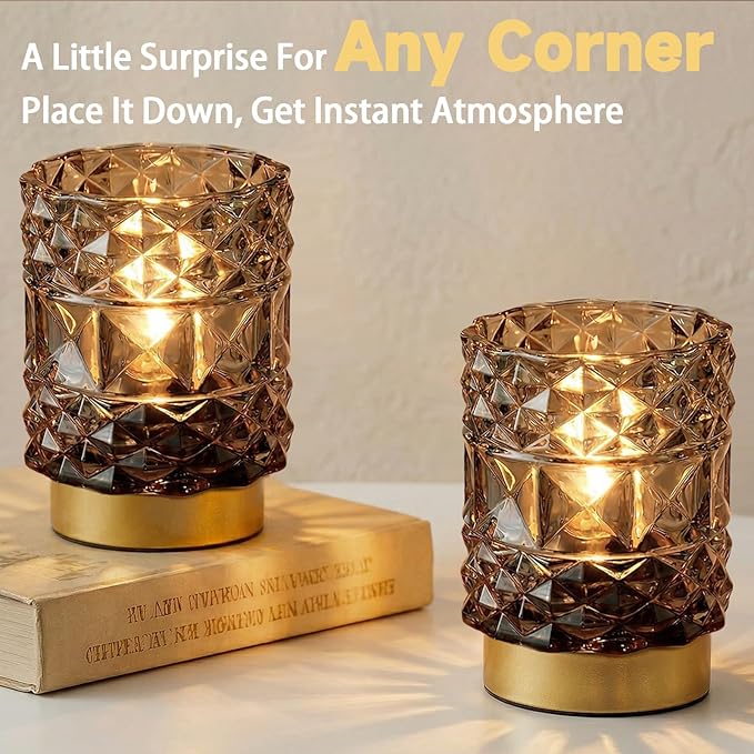 Battery Operated Lamp with Timer, Cordless Table Lamps for Shelf Decor, Rhombus Texture Aesthetic Crystal Lamp, Small Decorative Lamps for Bedroom/Bathroom/Kitchen/Entryway/Dorm (2 Pack Grey)