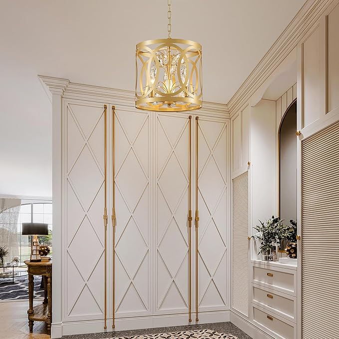 WUZUPS Crystal Chandelier 3-Light Vintage Farmhouse Pendant Ceiling Light Lighting Fixture for Foyer Diningroom Bedroom Hallway Storage Kitchen Bathroom, H 10.8" W 11.8", E12 Base, Gold