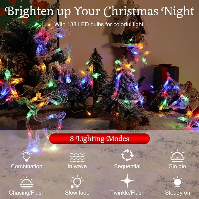 Lewondr Reindeer Bell Christmas Curtain Lights, 138 LED Christmas Tree Hanging Home Lights with 6H Timer & 8 Modes, USB Powered Fairy Lights, Xmas Decor for Home Party Indoor,Colorful Light