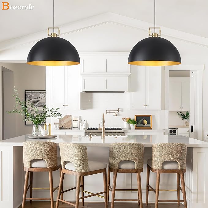 19.7" Vintage Pendant Light Industrial Pendant Light Dome Black and Gold Large Chandelier Light for Kitchen Island, Dining Room, Bedroom,Farmhouse Pendant Lighting