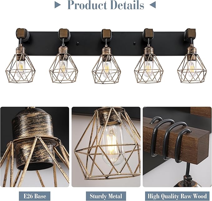 Black Gold Farmhouse Bathroom Light Fixtures, 5-Light Bathroom Lighting Fixtures Over Mirror, Rustic Wood Vanity Lights Wall Sconces with Metal Lampshade for Living Room