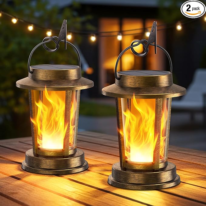 Solar Lanterns Outdoor Waterproof, Upgraded Flickering Flame Solar Lights Outdoor, Solar Powered Lanterns Decorative, Hanging Solar Lantern for Garden Yard Patio Path Porch Tree Decor 2 Pack(Copper)