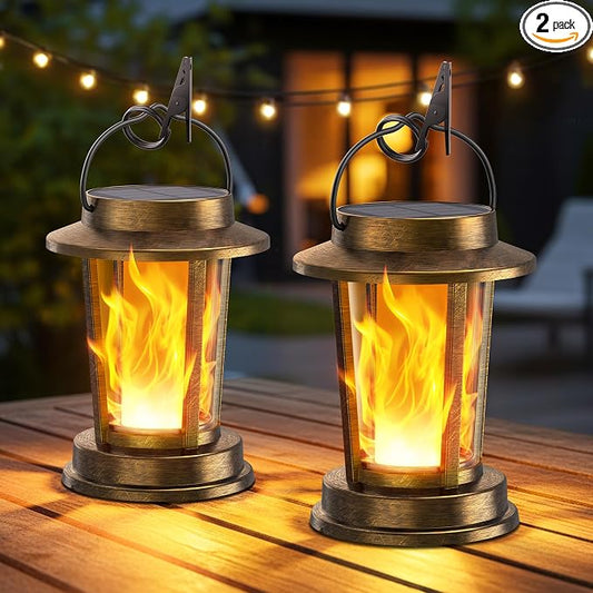 Solar Lanterns Outdoor Waterproof, Upgraded Flickering Flame Solar Lights Outdoor, Solar Powered Lanterns Decorative, Hanging Solar Lantern for Garden Yard Patio Path Porch Tree Decor 2 Pack(Copper)