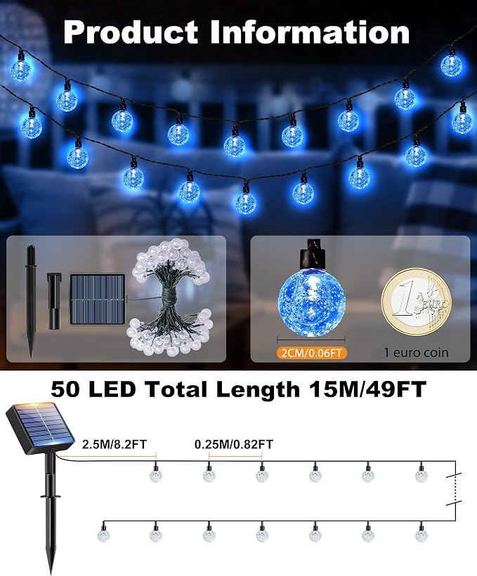 btfarm 2 Pack Solar String Lights Outdoor Waterproof, Total 98 FT 100 LED Solar Powered Patio Light, 8 Lighting Modes Crystal Globe Decoration for Garden Balcony Porch Yard Party, Blue