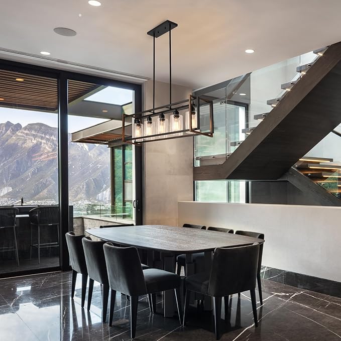 5-Light Black and Bronze Kitchen Island Lighting, Farmhouse Dining Room Light Fixtures Over Table, Linear Chandelier for Dining Room, Pool Table Pendant Light with Seeded Glass Shade