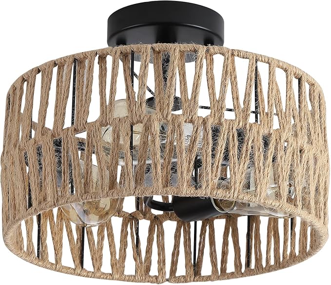 3-Light Coastal Woven Flush Mount Light Fixture Boho Rustic Hemp Rope Drum Semi Flush Mount Ceiling Light for Hallway Bedroom Kitchen Entryway Farmhouse Living Room, Black