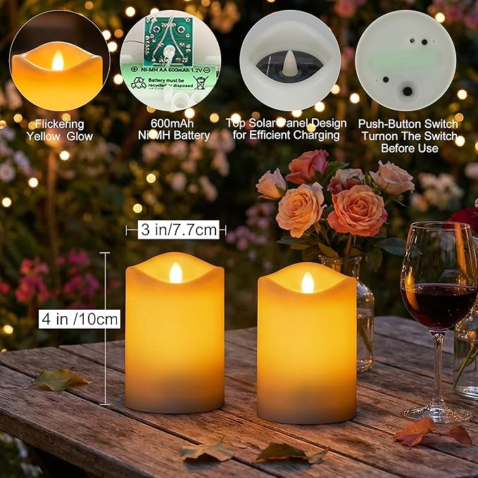 Livinlarge Solar Candles Outdoor Waterproof, 3"x4" Rechargeable Solar Powered Flameless Flickering LED Pillar Candle for Patio Yard Deck Window Table Decor, Holiday Gifts for Mom and Wife, 6pcs