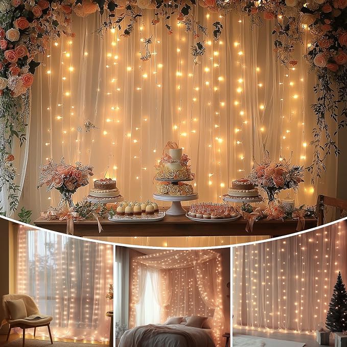 10x10ft Champagne Tulle Backdrop Curtain with Lights String Sheer Drapes for Wedding, Birthday, Baby Shower, Bridal Shower, Photo Booth, Party, Home Decor (2 Panels)