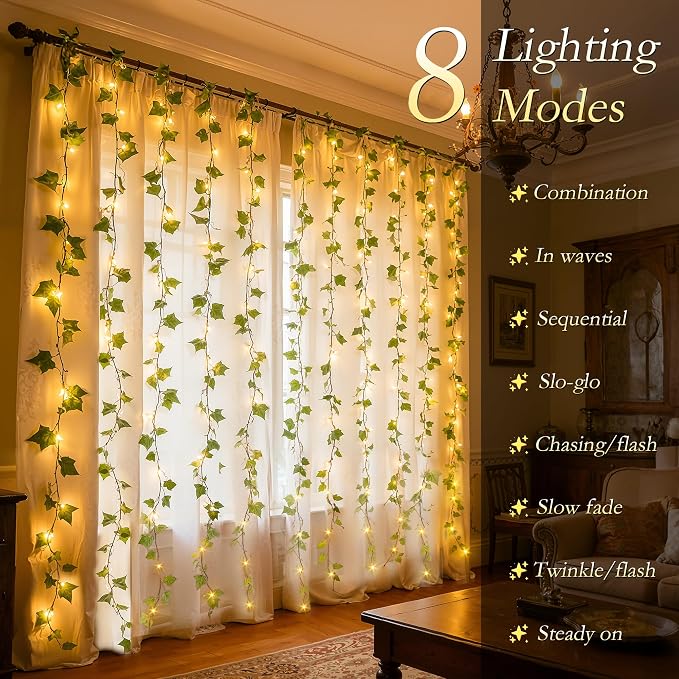 33FT Ivy Vines with Fairy Lights, IP44 Waterproof 100LED String Lights with 8 Modes & Timer, Battery Operated Artificial Greenery Garland for Aesthetic Bedroom Wall Decor, Party, Wedding