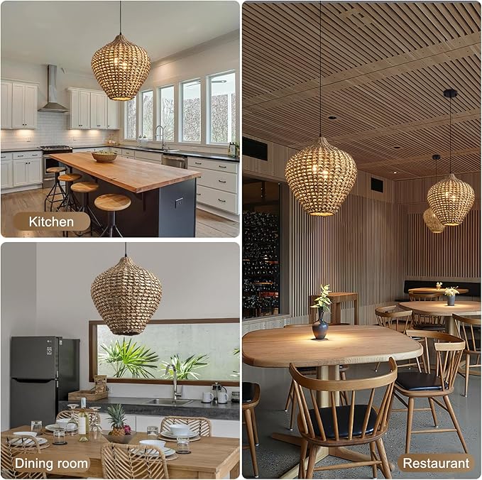 15.75" Rattan Pendant Light,2-Light Boho Hand Woven Coastal Wicker Hanging Ceiling Chandeliers,for Kitchen Island, Dining Room, Farmhouse,Foyer