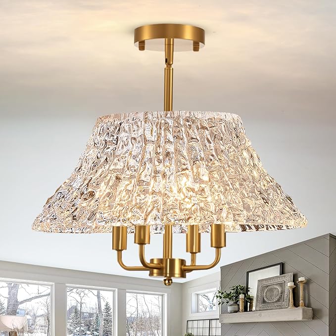 4-Light Gold Flush Mount Ceiling Light - 14 Inch Bright Vintage Glass Art Deco Fixture, Mid Century Modern Close to Ceiling Lamp for Bedroom Kitchen Hallway, E12 Candelabra Base (Bulbs Not Included)