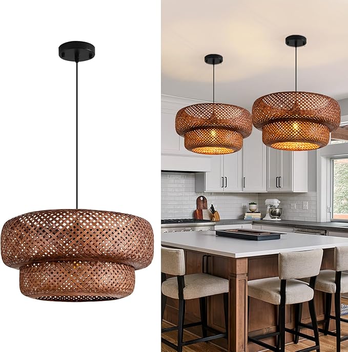 Bamboo Pendant Light,Dark Curry Boho Rattan Hanging Light,17.7" Hand Woven Wicker Chandelier for Kitchen Island for Kitchen Island Dining Bedroom Living Room Restaurants