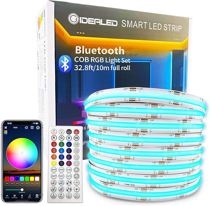 GIDEALED 32.8ft COB LED Strip Light 24V Kit,Color Changing COB RGB LED Strip Light Dimmable,Flexible LED COB Light Strip with IR Remote &Bluetooth APP Control,FCOB LED Light for Bedroom Decoration