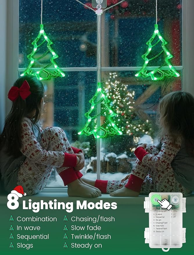 Christmas Window Lights,3 Pack 30LED Green Christmas Tree Light Battery Powered,Timer Memory Hanging Silhouette Xmas Twinkle Light 8 Mode for Wall,Bedroom,Indoor Outdoor Christmas Decoration