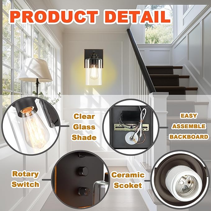 Loyareal Wall Sconces Set of Two, Oil Rubbed Bronze Wall Scone with Switch, Bedside Wall Lamps, Sconces Decor Set, Bedroom Sconces, Modern Bathroom Light Fixtures with Clear Glass Shade