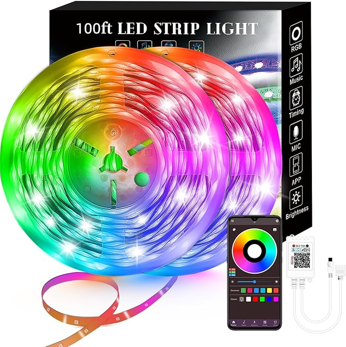 Lcutml 100FT Smart LED Strip Lights , RGB Strip Lights Sync to Music with 40 Key Remote Controller LED Lights for Bedroom, Christmas Lights decration (Multi-Colored, 100FT)