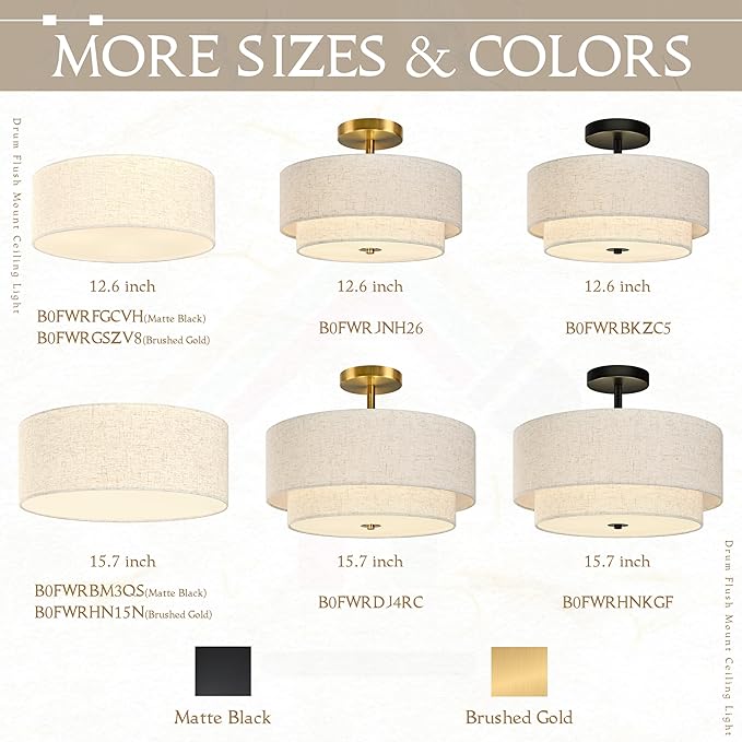 15.7 Inch Flush Mount Ceiling Light Black Close to Lights Fixture with Fabric Shade 3-Light Drum Modern Lights for Dining Room Bedroom Hallway