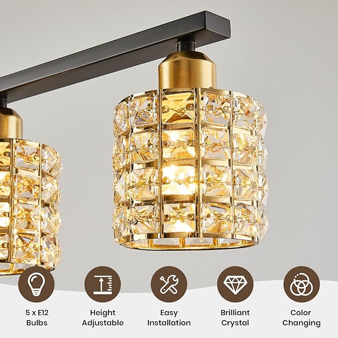 5-Light Linear Crystal Chandelier, Black and Gold Dining Room Light Fixtures Over Table, Adjustable Height Farmhouse Pendant Lights Kitchen Island for Dining Room