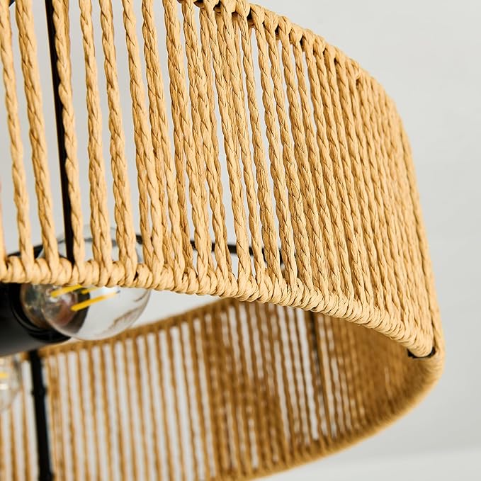 hesoge Boho Rattan Ceiling Light Fixture Rustic Black Semi Flush Mount Ceiling Light 20 Inches 4 Light Woven Chandelier for Farmhouse Hallway Bedroon Living Room Dining Room Kitchen Island