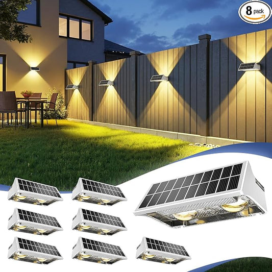 JOFIOS Solar Fence Lights Outdoor,8Pack,Warm White+RGB 9 Colors,1200mAh,Up and Down Fence Lights Solar Powered Waterproof,Solar Wall Lights for Fence,Backyard,Porch（White）