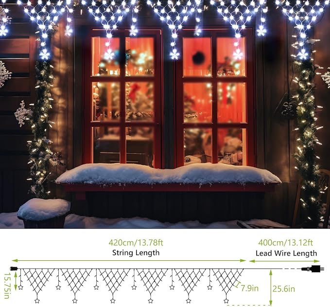 Ramadan Lights Outdoor Decorations 218 LED 13.8ft Star Curtain Fairy Lights with 12 Drops, Clear Wire LED String Light Decor with 8 Modes for Wedding Party Holiday Christmas Home Indoor Outdoor Decor