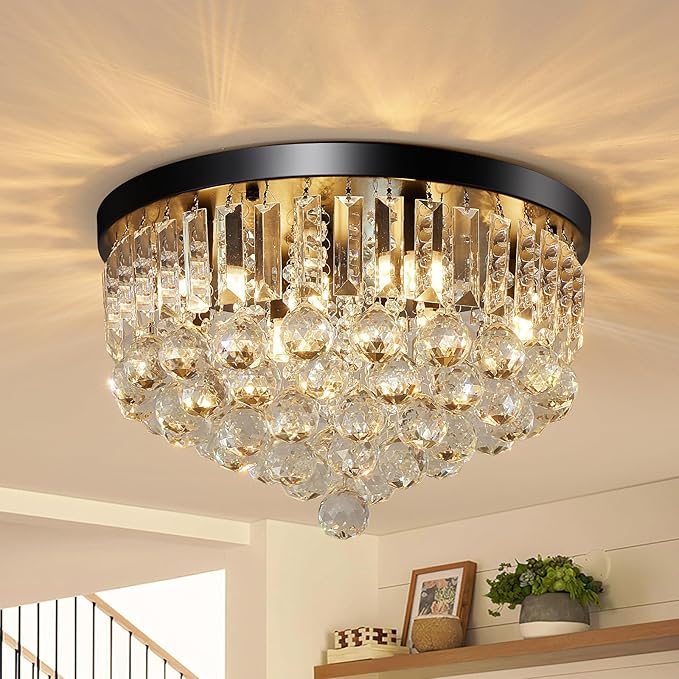 8-Light Modern Crystal Chandelier Black Metal G9 Base Flush Mount Round Light Fixture Ceiling Lamp Farmhouse for Dining Living Room Laundry Foyer Kitchen Balcony Bedroom (H 11''x W 16'')