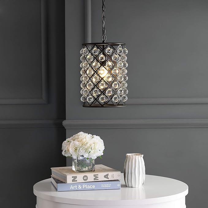 JONATHAN Y 10" Oil Rubbed Bronze Crystal LED Pendant Light, Adjustable Metal Chandelier for Kitchen Island, Entryway, Foyer, Clear Hand-Polished Crystal Shade, LED Bulb JYL9025A
