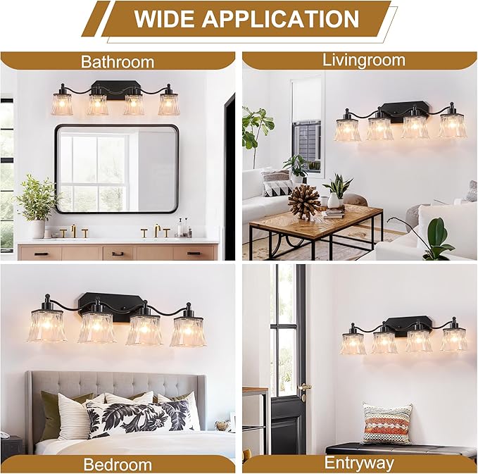 Bathroom Vanity Light Fixtures, 4-Light Vintage Matte Black Vanity Lights with Crystal Glass Shades, Farmhouse Bathroom Lighting Fixtures Over Mirror for Bathroom Bedroom Hallway