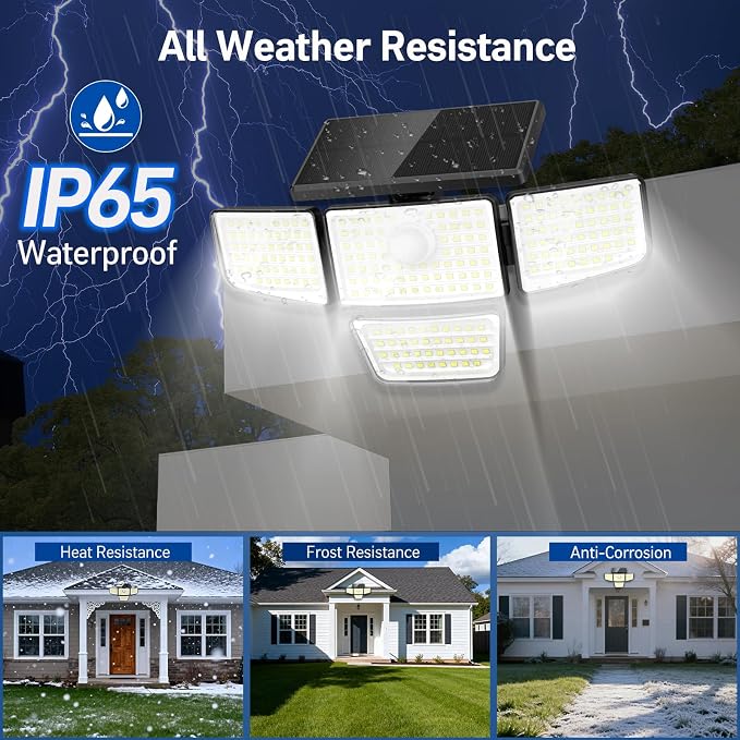 Solar Security Outdoor Lights-3000LM 4 Heads Solar Flood Lights with Motion Sensor, IP65 Waterproof Security Lights with Remote, 270° Wide Angle Flood Wall Lights with 3 Modes for Home Outside, 2 Pack