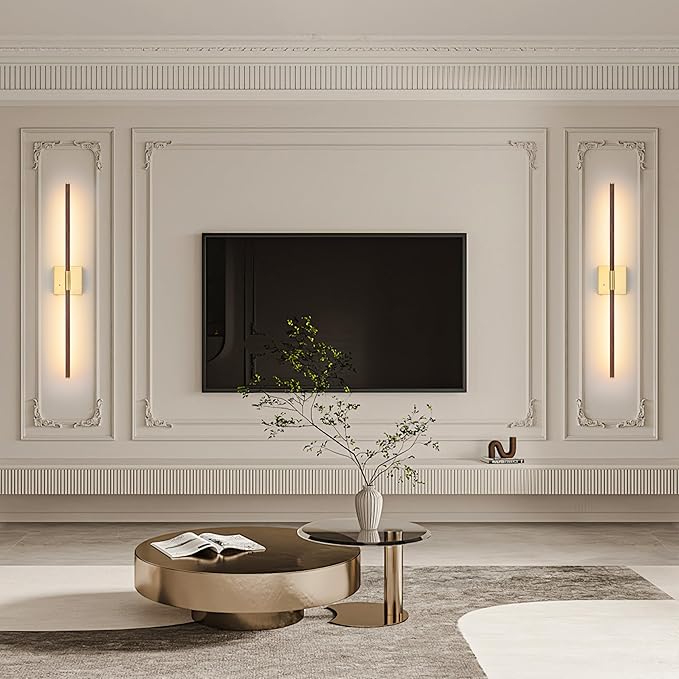 Morauroral 36 Inch Battery Operated Wall Sconces Set of 2, Dimmable Battery Wall Sconce with Remote Control, Walnut Gold LED Rechargeable Sconces, Modern Wireless Wall Lights for Bedroom, Living Room
