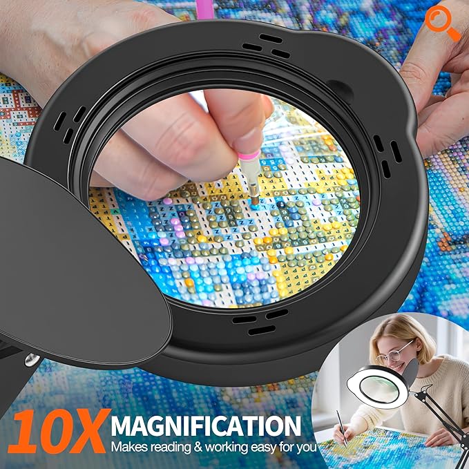 KimFilter 10X Magnifying Glass with Light and Stand | Dust Cover Design, 5 Color Temp Modes Dimmable LED Magnifying Lamp with Swing Arm | Hands Free Desk Magnifying Light for Crafts, Read & Close Work