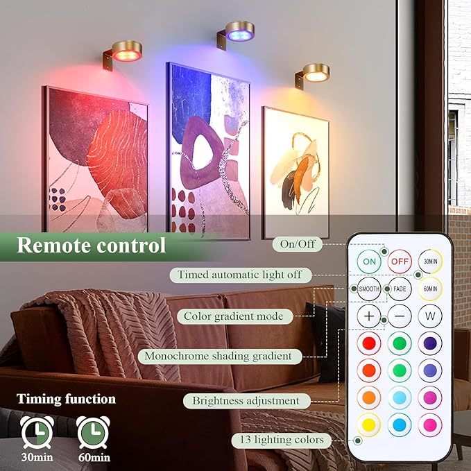 4-Pack Picture Light Battery Operated Painting Lights, 13 Color RGB Magnetic LED Display Art Light with Remote, Dimmable and Timer Portrait Light for Art Frame Artworking, Wall Decor Puck Light, Gold