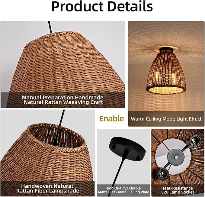 Dark Curry Rattan Pendant Light,13.77" Rustic Hanging Light 1-Pack Brown Wicker Pendant Light Hand-Woven Rattan Chandelier for Public Place Dining Living Bedroom Kitchen Farmhouse