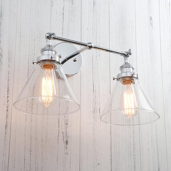 Permo Vintage Industrial Antique 2-Lights Wall Sconces with Dual Funnel Clear Glass Shade (Chrome)