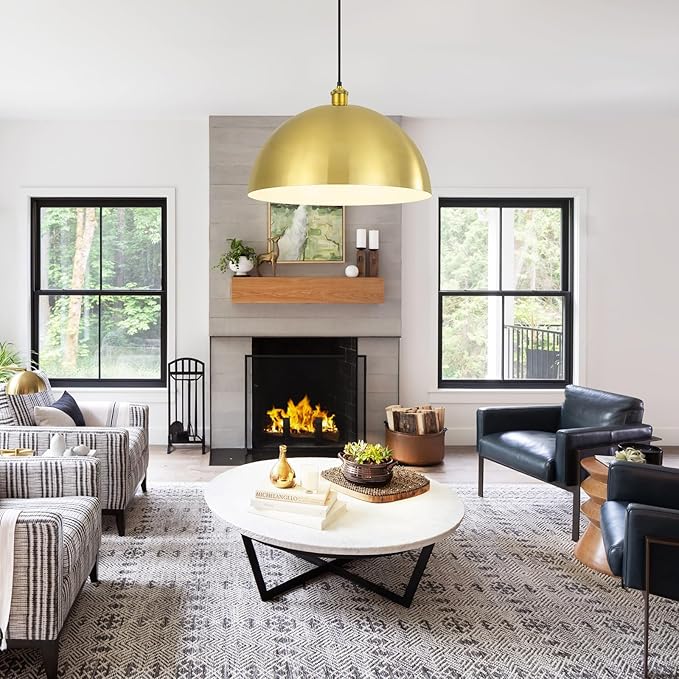 Gold Pendant Light, 20" Farmhouse Ceiling Light with Gold and White, Elegant Semi-Circular Shade Design, Adjustable Height Industrial Dome Pendant Lights for Kitchen Island, Dining Room