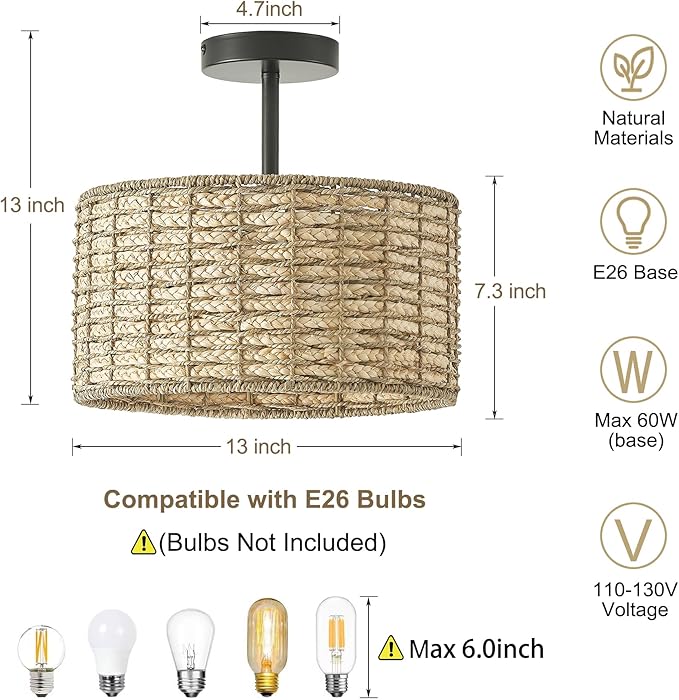 13"Rattan Ceiling Light Fixture Flush Mount, 2-Light Boho Rattan Hand-Woven Ceiling Light Fixtures Drum Wicker Chandelier Light Fixture for Dining Room Bedroom Living Room Hallway Foyer Kitchen