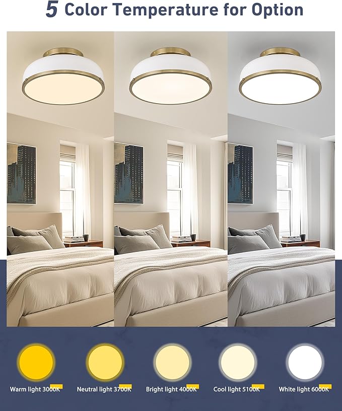 kudos Ceiling Light, 12-inch LED Flush Mount Ceiling Light, White and Gold Finish, 24W/1100lm Light Fixtures Ceiling Mount for Living Room,Hallway, 3000K/3700K/4500K/5100K/6000K Adjustbale, KDCL15-WT