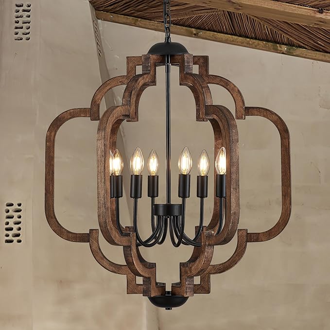 24.6" Farmhouse Vintage Chandelier 8-Light for Dining Room Rustic Handmade Wood Hanging Ceiling Pendant Light Fixture for Entryway Brown Retro Chandeliers for Kitchen Bedroom Foyer Hallway