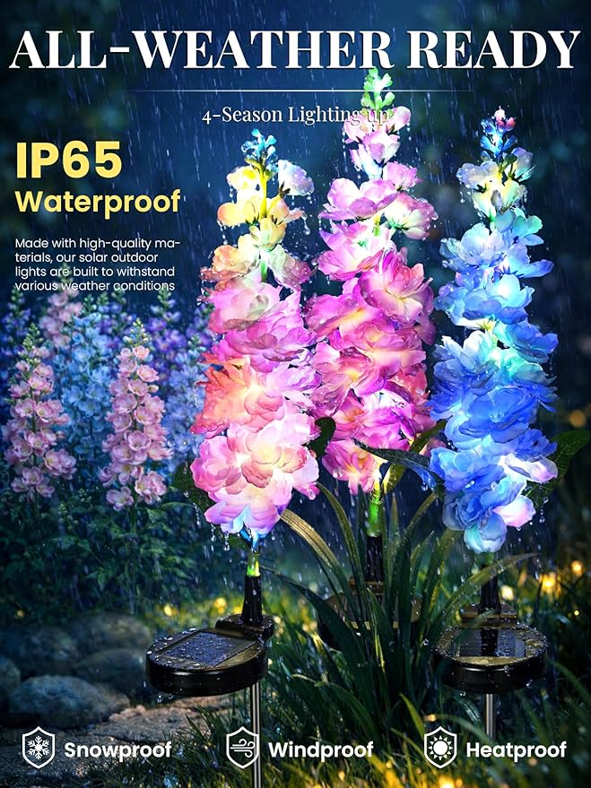 GIGALUMI Solar Lights Outdoor for Garden Decor, 3 Pack Solar Flower Lights Waterproof, 2 Lighting Modes Delphinium for Pathway,Yard, Patio, 4th of July Decoration, Gifts for Women (Multi-Colored)